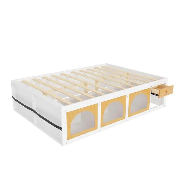 Alt view image 6 of 7 - Queen Size Wooden Platform Bed with Display Cube, Floor Bedframe with Sling Bookshelf, LED Light and Storage Drawer, Stylish Teens Bed with Open Storage for Small Spaces, White+Natural