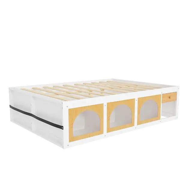 Alt view image 7 of 7 - Queen Size Wooden Platform Bed with Display Cube, Floor Bedframe with Sling Bookshelf, LED Light and Storage Drawer, Stylish Teens Bed with Open Storage for Small Spaces, White+Natural