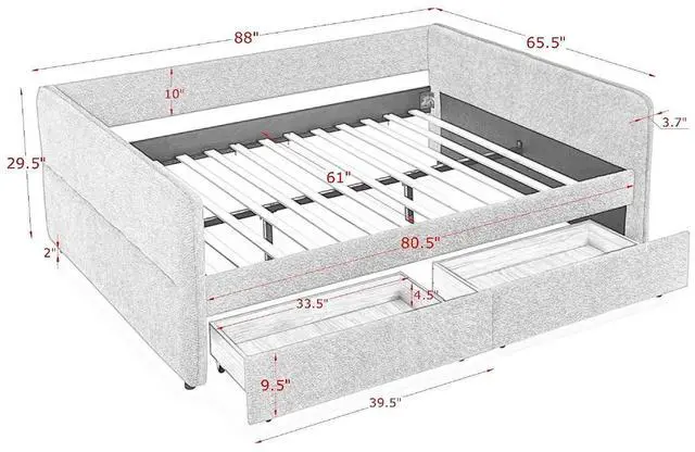 Alt view image 2 of 7 - Boucle Upholstered Queen Daybed with Storage Drawers, Double Day Bed with Backrest and Armrest, Soft Tufted Corner Guest Bed for Teens Adults, Easy Assembly, Yellow