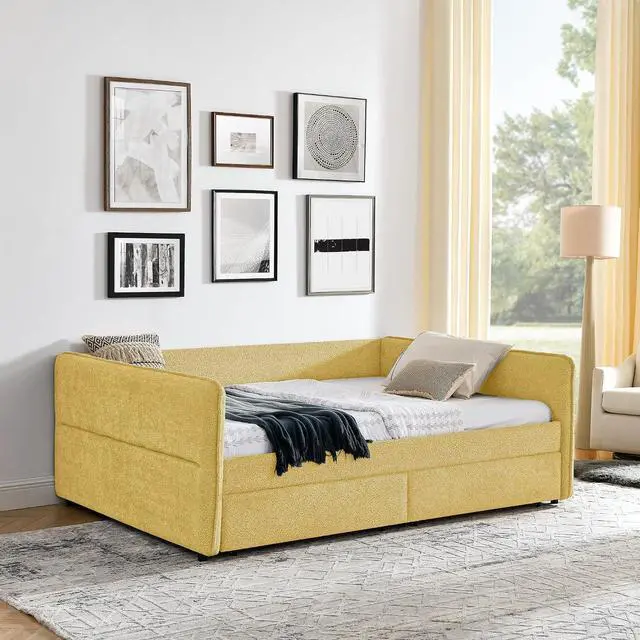 Alt view image 3 of 7 - Boucle Upholstered Queen Daybed with Storage Drawers, Double Day Bed with Backrest and Armrest, Soft Tufted Corner Guest Bed for Teens Adults, Easy Assembly, Yellow
