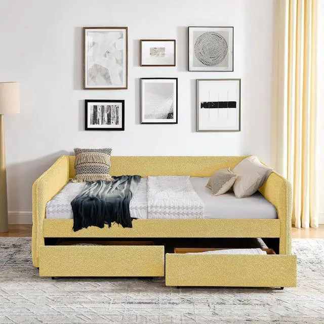 Alt view image 4 of 7 - Boucle Upholstered Queen Daybed with Storage Drawers, Double Day Bed with Backrest and Armrest, Soft Tufted Corner Guest Bed for Teens Adults, Easy Assembly, Yellow