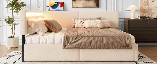 Alt view image 5 of 7 - Full Size Daybed Frame with 2 Storage Drawers, Boucle Upholstered Cloud Bed with LED Light High Headboard and USB Charging Station, L Shaped Corner Teens Bed with Solid Wood Legs and Slats, Beige