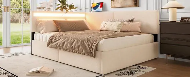 Alt view image 6 of 7 - Full Size Daybed Frame with 2 Storage Drawers, Boucle Upholstered Cloud Bed with LED Light High Headboard and USB Charging Station, L Shaped Corner Teens Bed with Solid Wood Legs and Slats, Beige