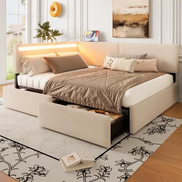 Main image of Full Size Daybed Frame with 2 Storage Drawers, Boucle Upholstered Cloud Bed with LED Light High Headboard and USB Charging Station, L Shaped Corner Teens Bed with Solid Wood Legs and Slats, Beige