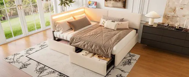 Alt view image 7 of 7 - Full Size Daybed Frame with 2 Storage Drawers, Boucle Upholstered Cloud Bed with LED Light High Headboard and USB Charging Station, L Shaped Corner Teens Bed with Solid Wood Legs and Slats, Beige