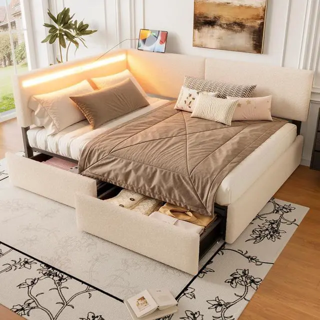Alt view image 2 of 7 - Full Size Daybed Frame with 2 Storage Drawers, Boucle Upholstered Cloud Bed with LED Light High Headboard and USB Charging Station, L Shaped Corner Teens Bed with Solid Wood Legs and Slats, Beige