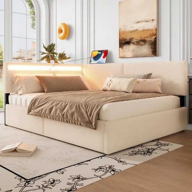 Alt view image 3 of 7 - Full Size Daybed Frame with 2 Storage Drawers, Boucle Upholstered Cloud Bed with LED Light High Headboard and USB Charging Station, L Shaped Corner Teens Bed with Solid Wood Legs and Slats, Beige