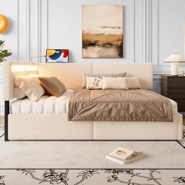 Alt view image 4 of 7 - Full Size Daybed Frame with 2 Storage Drawers, Boucle Upholstered Cloud Bed with LED Light High Headboard and USB Charging Station, L Shaped Corner Teens Bed with Solid Wood Legs and Slats, Beige
