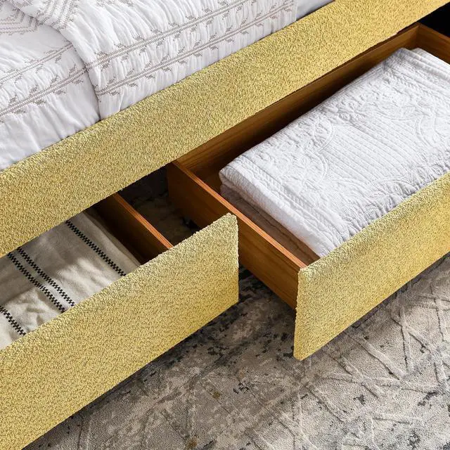 Alt view image 7 of 7 - Boucle Upholstered Queen Daybed with Storage Drawers, Double Day Bed with Backrest and Armrest, Soft Tufted Corner Guest Bed for Teens Adults, Easy Assembly, Yellow