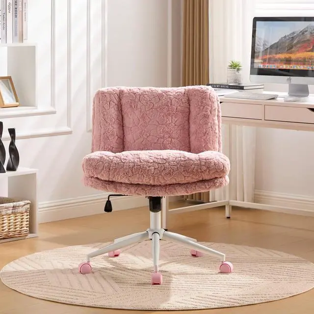 Alt view image 3 of 7 - Armless Faux Fur Vanity Chair, 360° Swivel Office Chair with Wheels, Wide Seat Desk Chair with Low Back and Metal Base, Adjustable Height Rolling Stool for Home Office, Meditation & Makeup, Pink
