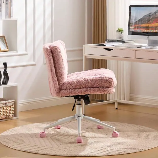 Alt view image 4 of 7 - Armless Faux Fur Vanity Chair, 360° Swivel Office Chair with Wheels, Wide Seat Desk Chair with Low Back and Metal Base, Adjustable Height Rolling Stool for Home Office, Meditation & Makeup, Pink