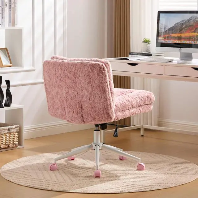 Alt view image 5 of 7 - Armless Faux Fur Vanity Chair, 360° Swivel Office Chair with Wheels, Wide Seat Desk Chair with Low Back and Metal Base, Adjustable Height Rolling Stool for Home Office, Meditation & Makeup, Pink
