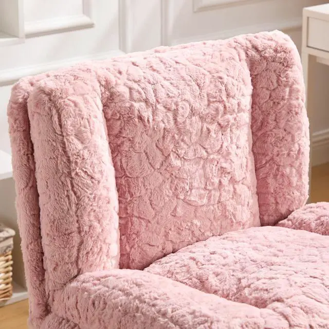 Alt view image 6 of 7 - Armless Faux Fur Vanity Chair, 360° Swivel Office Chair with Wheels, Wide Seat Desk Chair with Low Back and Metal Base, Adjustable Height Rolling Stool for Home Office, Meditation & Makeup, Pink