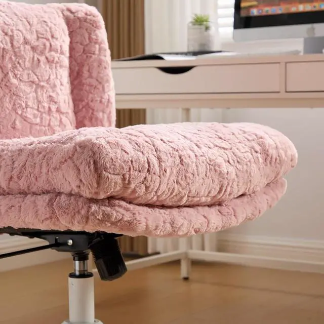 Alt view image 7 of 7 - Armless Faux Fur Vanity Chair, 360° Swivel Office Chair with Wheels, Wide Seat Desk Chair with Low Back and Metal Base, Adjustable Height Rolling Stool for Home Office, Meditation & Makeup, Pink