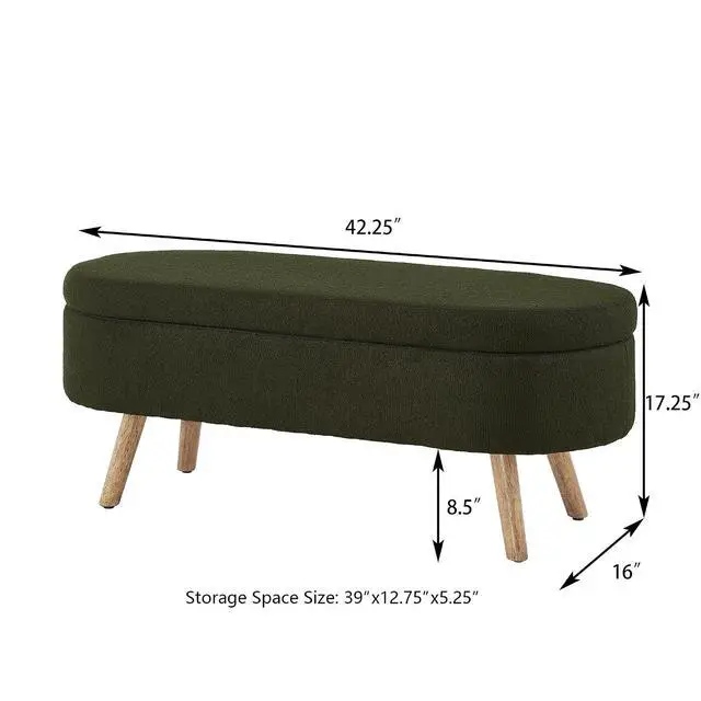 Alt view image 2 of 6 - Boucle Upholstered Storage Bench with Wood Legs, 42.25" Oval Shaped End of Bed Bench with Safety Hinge, 350lb Weight Capacity, Luxury Ottoman Foot Stool for Living Room, Bedroom Entryway, Dark Green
