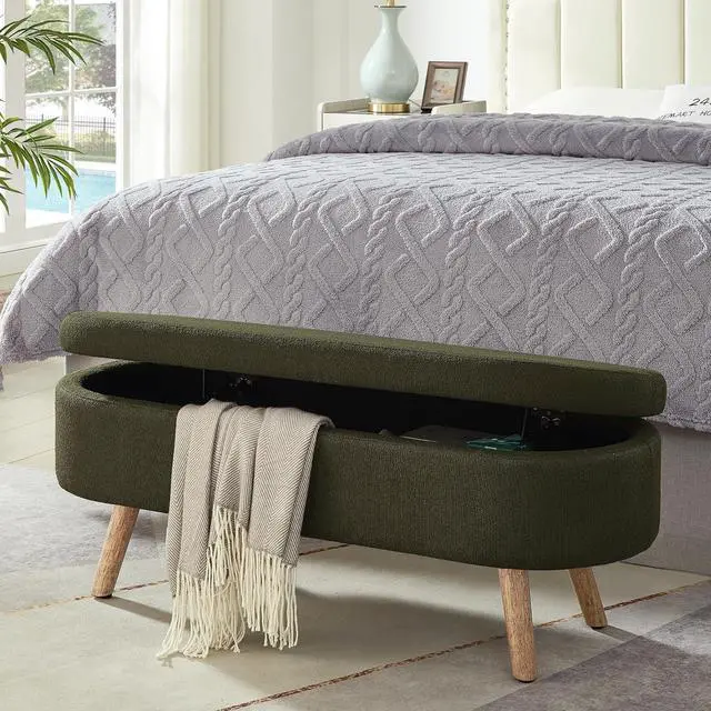 Main image of Boucle Upholstered Storage Bench with Wood Legs, 42.25" Oval Shaped End of Bed Bench with Safety Hinge, 350lb Weight Capacity, Luxury Ottoman Foot Stool for Living Room, Bedroom Entryway, Dark Green