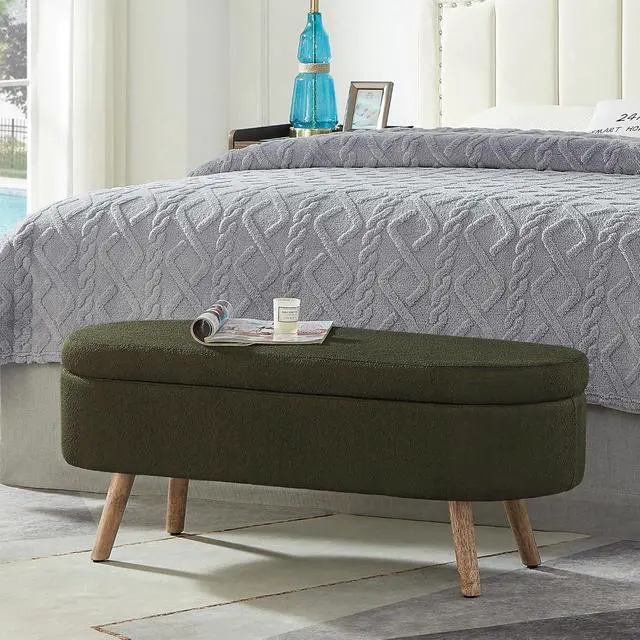 Alt view image 3 of 6 - Boucle Upholstered Storage Bench with Wood Legs, 42.25" Oval Shaped End of Bed Bench with Safety Hinge, 350lb Weight Capacity, Luxury Ottoman Foot Stool for Living Room, Bedroom Entryway, Dark Green
