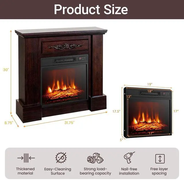 Alt view image 2 of 7 - Electric Fireplace with Mantel, Mantel Surround with 18" Fireplace Insert, Electric Fireplace Stove with Adjustable Thermostat, Decorative Fireplace Heater with Adjustable Flame Effect, Brown