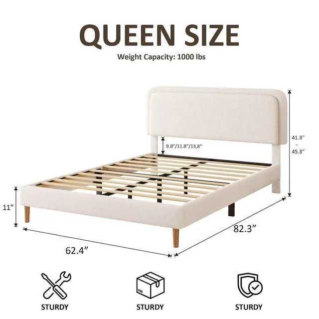 Alt view image 2 of 7 - Queen Size Platform Bed Frame with Height Adjustable Headboard, Boucle Upholstered Bed Frame with Solid Wooden Legs, Double Bedframe with Underbed Space, No Box Spring Needed, Easy to Assemble, Beige