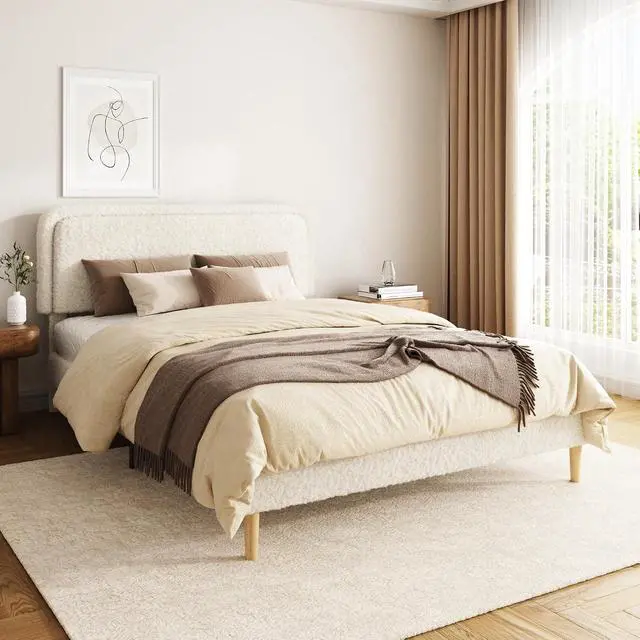 Alt view image 3 of 7 - Queen Size Platform Bed Frame with Height Adjustable Headboard, Boucle Upholstered Bed Frame with Solid Wooden Legs, Double Bedframe with Underbed Space, No Box Spring Needed, Easy to Assemble, Beige