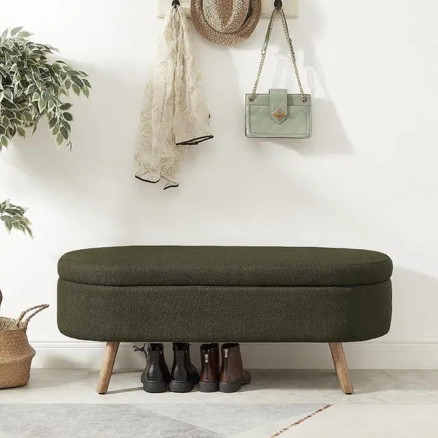 Alt view image 4 of 6 - Boucle Upholstered Storage Bench with Wood Legs, 42.25" Oval Shaped End of Bed Bench with Safety Hinge, 350lb Weight Capacity, Luxury Ottoman Foot Stool for Living Room, Bedroom Entryway, Dark Green