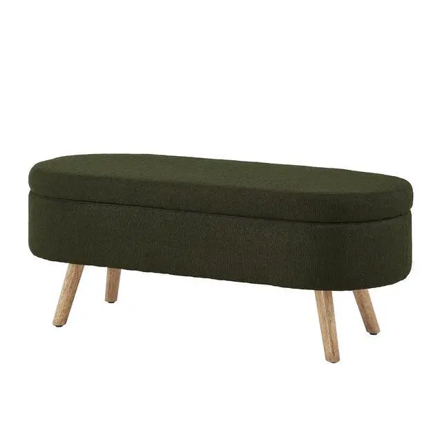 Alt view image 6 of 6 - Boucle Upholstered Storage Bench with Wood Legs, 42.25" Oval Shaped End of Bed Bench with Safety Hinge, 350lb Weight Capacity, Luxury Ottoman Foot Stool for Living Room, Bedroom Entryway, Dark Green