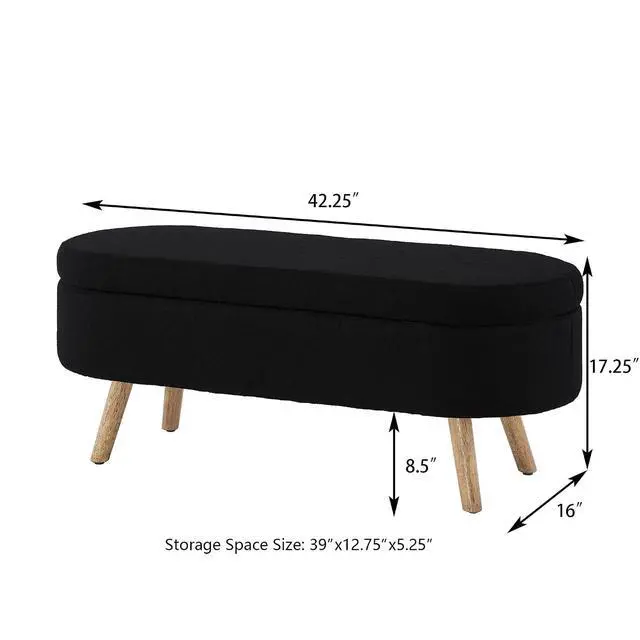 Alt view image 2 of 6 - Boucle Upholstered Storage Bench with Wood Legs, 42.25" Oval Shaped End of Bed Bench with Safety Hinge, 350lb Weight Capacity, Luxury Ottoman Foot Stool for Living Room, Bedroom Entryway, Black
