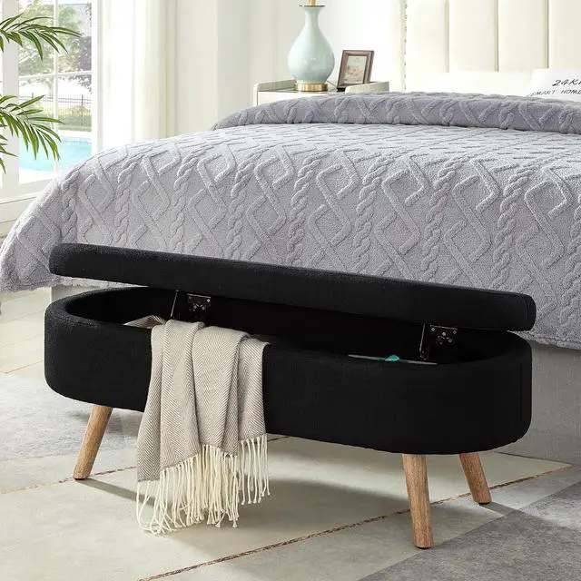 Main image of Boucle Upholstered Storage Bench with Wood Legs, 42.25" Oval Shaped End of Bed Bench with Safety Hinge, 350lb Weight Capacity, Luxury Ottoman Foot Stool for Living Room, Bedroom Entryway, Black