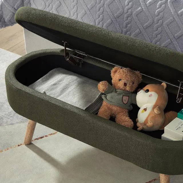Alt view image 5 of 6 - Boucle Upholstered Storage Bench with Wood Legs, 42.25" Oval Shaped End of Bed Bench with Safety Hinge, 350lb Weight Capacity, Luxury Ottoman Foot Stool for Living Room, Bedroom Entryway, Dark Green