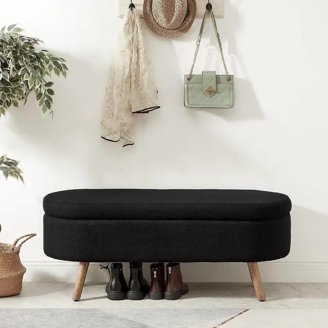 Alt view image 4 of 6 - Boucle Upholstered Storage Bench with Wood Legs, 42.25" Oval Shaped End of Bed Bench with Safety Hinge, 350lb Weight Capacity, Luxury Ottoman Foot Stool for Living Room, Bedroom Entryway, Black