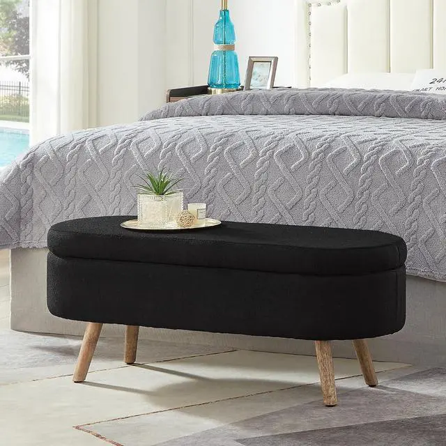 Alt view image 3 of 6 - Boucle Upholstered Storage Bench with Wood Legs, 42.25" Oval Shaped End of Bed Bench with Safety Hinge, 350lb Weight Capacity, Luxury Ottoman Foot Stool for Living Room, Bedroom Entryway, Black