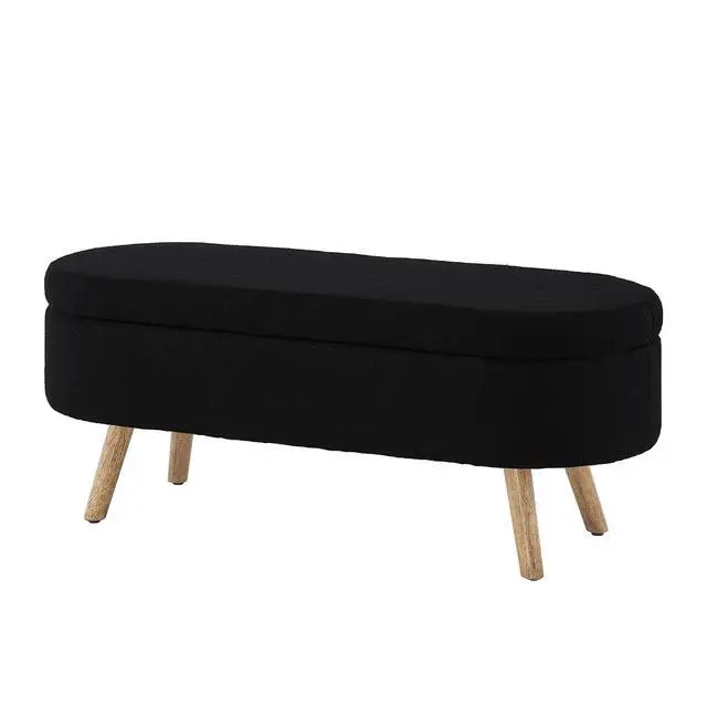 Alt view image 6 of 6 - Boucle Upholstered Storage Bench with Wood Legs, 42.25" Oval Shaped End of Bed Bench with Safety Hinge, 350lb Weight Capacity, Luxury Ottoman Foot Stool for Living Room, Bedroom Entryway, Black