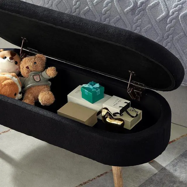 Alt view image 5 of 6 - Boucle Upholstered Storage Bench with Wood Legs, 42.25" Oval Shaped End of Bed Bench with Safety Hinge, 350lb Weight Capacity, Luxury Ottoman Foot Stool for Living Room, Bedroom Entryway, Black