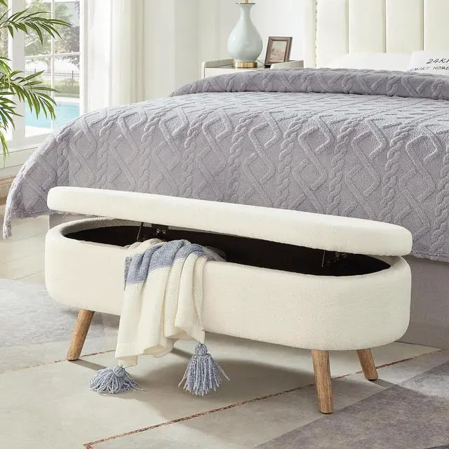 Main image of Boucle Upholstered Storage Bench with Wood Legs, 42.25" Oval Shaped End of Bed Bench with Safety Hinge, 350lb Weight Capacity, Luxury Ottoman Foot Stool for Living Room, Bedroom Entryway, Ivory