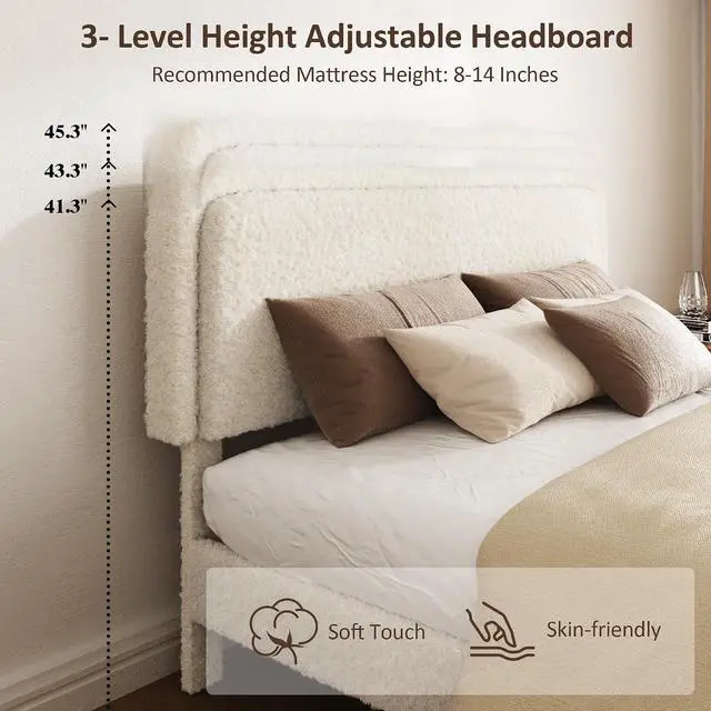 Alt view image 5 of 7 - Queen Size Platform Bed Frame with Height Adjustable Headboard, Boucle Upholstered Bed Frame with Solid Wooden Legs, Double Bedframe with Underbed Space, No Box Spring Needed, Easy to Assemble, Beige