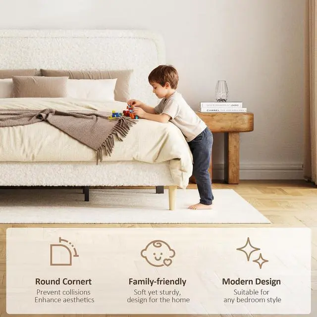 Alt view image 4 of 7 - Queen Size Platform Bed Frame with Height Adjustable Headboard, Boucle Upholstered Bed Frame with Solid Wooden Legs, Double Bedframe with Underbed Space, No Box Spring Needed, Easy to Assemble, Beige