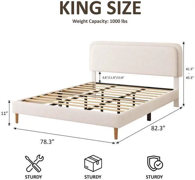 Alt view image 2 of 7 - King Size Platform Bed Frame with Height Adjustable Headboard, Boucle Upholstered Bed Frame with Solid Wooden Legs, Double Bedframe with Underbed Space, No Box Spring Needed, Easy to Assemble, Beige