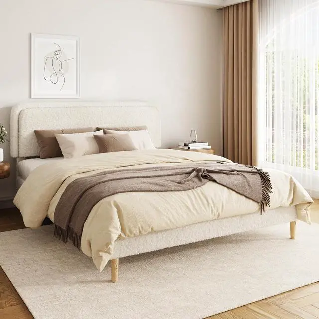 Alt view image 3 of 7 - King Size Platform Bed Frame with Height Adjustable Headboard, Boucle Upholstered Bed Frame with Solid Wooden Legs, Double Bedframe with Underbed Space, No Box Spring Needed, Easy to Assemble, Beige