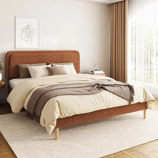 Main image of King Size Platform Bed Frame with Height Adjustable Headboard, Boucle Upholstered Bed Frame with Solid Wooden Legs, Double Bedframe with Underbed Space, No Box Spring Needed, Easy to Assemble, Brown