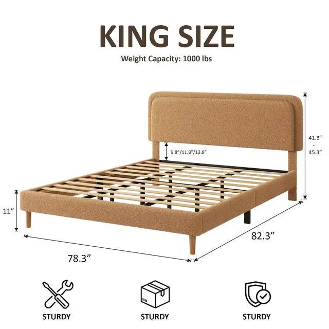 Alt view image 2 of 7 - King Size Platform Bed Frame with Height Adjustable Headboard, Boucle Upholstered Bed Frame with Solid Wooden Legs, Double Bedframe with Underbed Space, No Box Spring Needed, Easy to Assemble, Brown