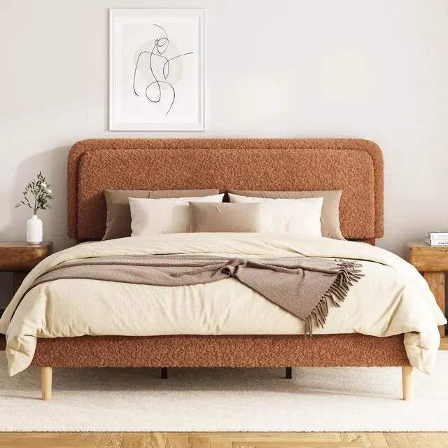 Alt view image 3 of 7 - King Size Platform Bed Frame with Height Adjustable Headboard, Boucle Upholstered Bed Frame with Solid Wooden Legs, Double Bedframe with Underbed Space, No Box Spring Needed, Easy to Assemble, Brown