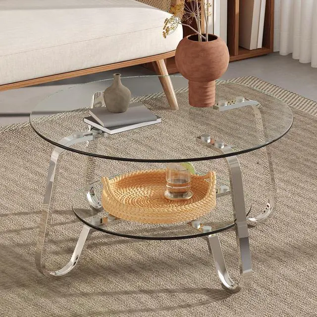 Main image of Small Round Tempered Glass Coffee Table, Retro Minimalist Side Tea Table with Metal Base Frame, Elegant Top Clear Glass for Living Room Home Office Decor, Easy Assembly, Silver