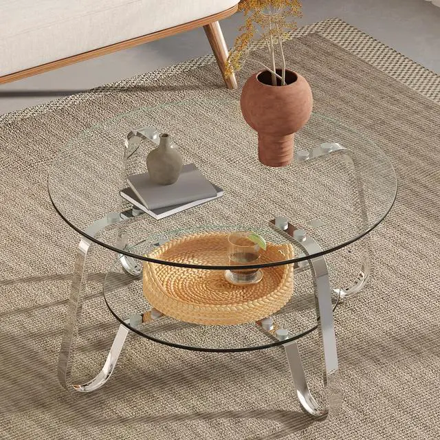 Alt view image 3 of 7 - Small Round Tempered Glass Coffee Table, Retro Minimalist Side Tea Table with Metal Base Frame, Elegant Top Clear Glass for Living Room Home Office Decor, Easy Assembly, Silver