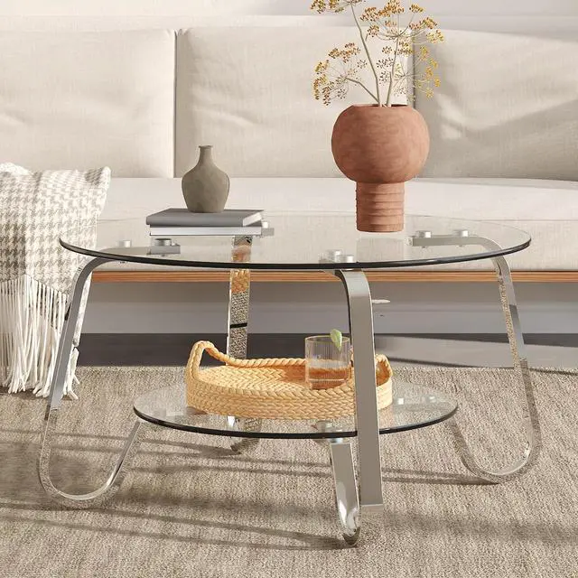 Alt view image 4 of 7 - Small Round Tempered Glass Coffee Table, Retro Minimalist Side Tea Table with Metal Base Frame, Elegant Top Clear Glass for Living Room Home Office Decor, Easy Assembly, Silver
