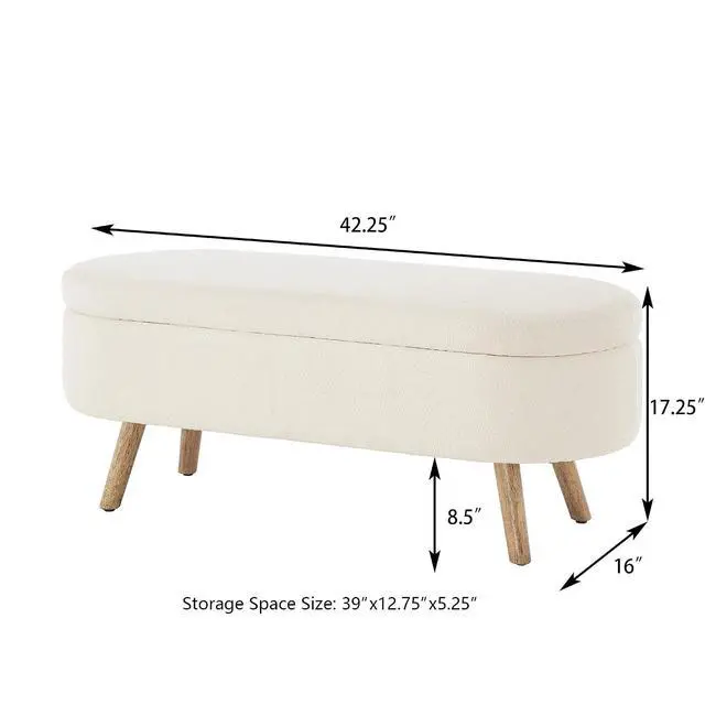 Alt view image 2 of 6 - Boucle Upholstered Storage Bench with Wood Legs, 42.25" Oval Shaped End of Bed Bench with Safety Hinge, 350lb Weight Capacity, Luxury Ottoman Foot Stool for Living Room, Bedroom Entryway, Ivory