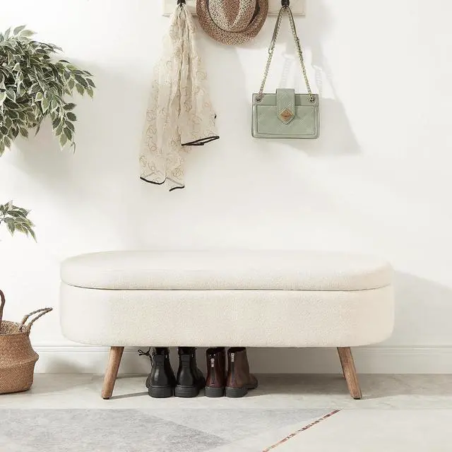 Alt view image 4 of 6 - Boucle Upholstered Storage Bench with Wood Legs, 42.25" Oval Shaped End of Bed Bench with Safety Hinge, 350lb Weight Capacity, Luxury Ottoman Foot Stool for Living Room, Bedroom Entryway, Ivory