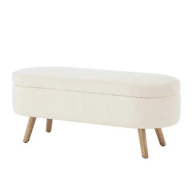 Alt view image 6 of 6 - Boucle Upholstered Storage Bench with Wood Legs, 42.25" Oval Shaped End of Bed Bench with Safety Hinge, 350lb Weight Capacity, Luxury Ottoman Foot Stool for Living Room, Bedroom Entryway, Ivory