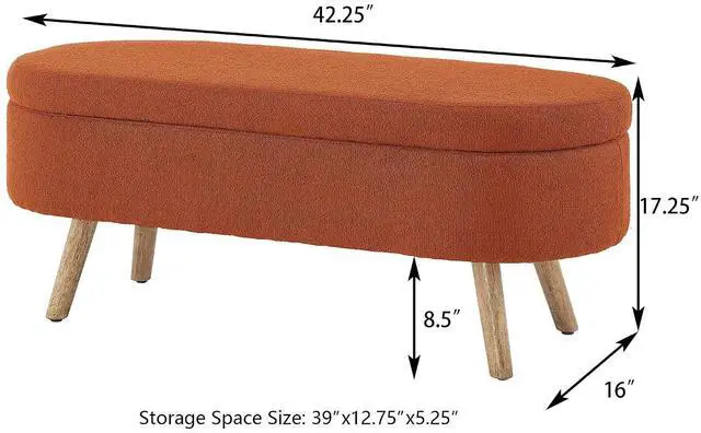 Alt view image 2 of 6 - Boucle Upholstered Storage Bench with Wood Legs, 42.25" Oval Shaped End of Bed Bench with Safety Hinge, 350lb Weight Capacity, Luxury Ottoman Foot Stool for Living Room, Bedroom Entryway, Orange