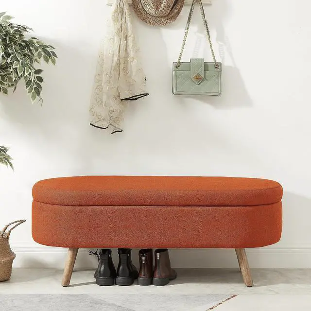 Alt view image 4 of 6 - Boucle Upholstered Storage Bench with Wood Legs, 42.25" Oval Shaped End of Bed Bench with Safety Hinge, 350lb Weight Capacity, Luxury Ottoman Foot Stool for Living Room, Bedroom Entryway, Orange