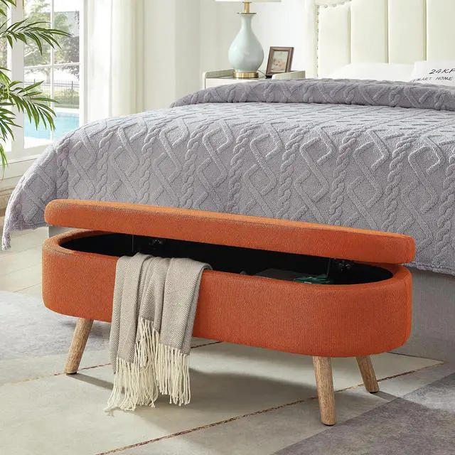 Main image of Boucle Upholstered Storage Bench with Wood Legs, 42.25" Oval Shaped End of Bed Bench with Safety Hinge, 350lb Weight Capacity, Luxury Ottoman Foot Stool for Living Room, Bedroom Entryway, Orange
